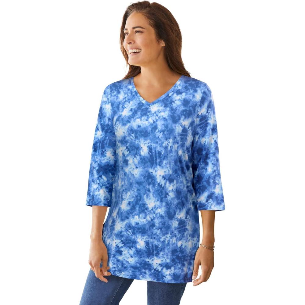 image:imageWoman Within Plus Size Perfect Printed ThreeQuarterSleeve VNeck TunicRoyal Navy Tie Dye