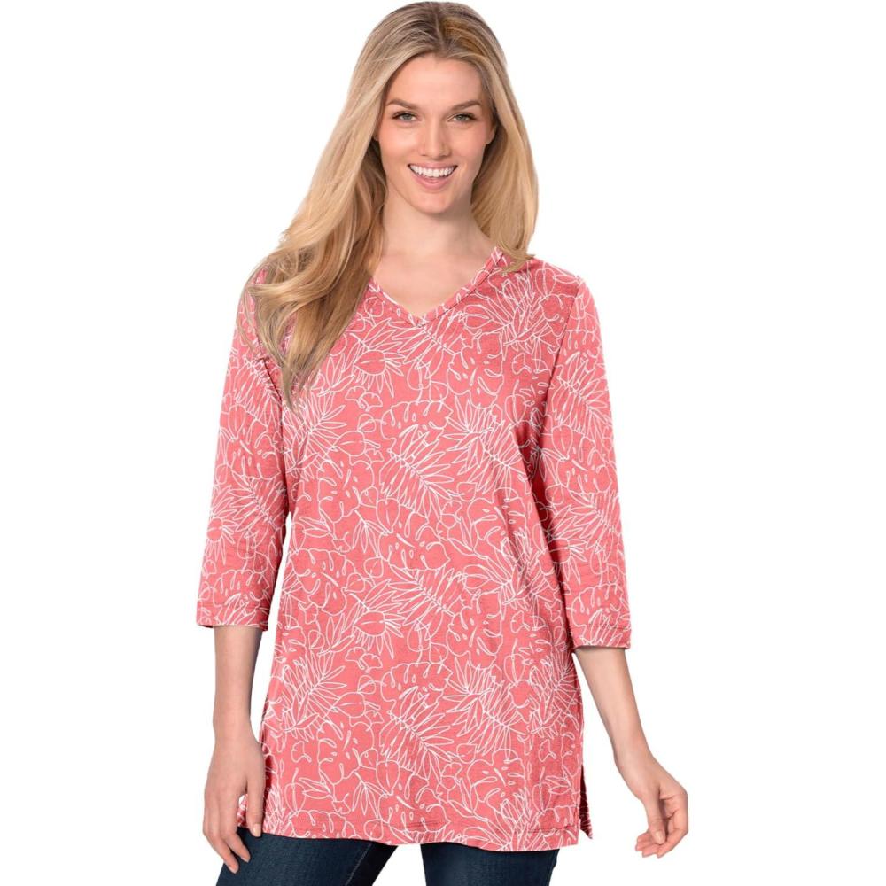 image:imageWoman Within Plus Size Perfect Printed ThreeQuarterSleeve VNeck TunicSweet Coral Palm