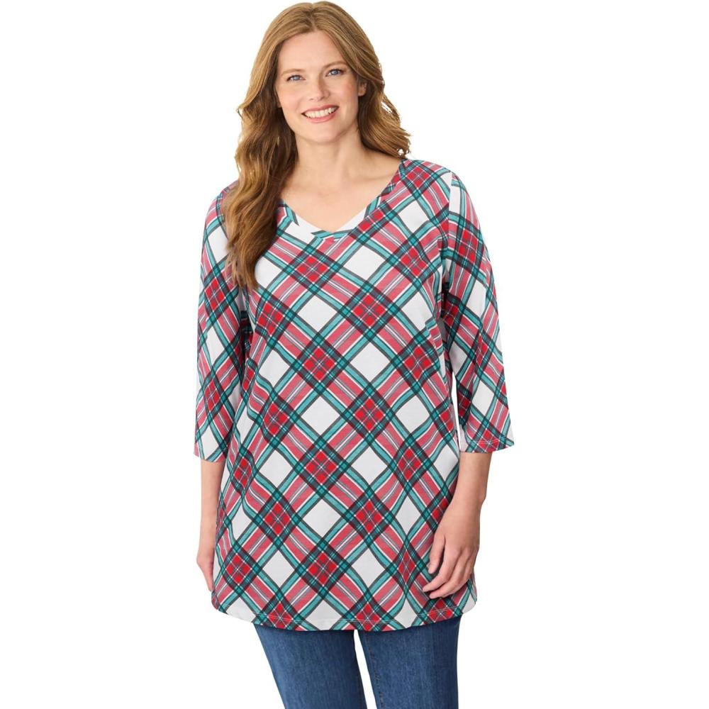 image:imageWoman Within Plus Size Perfect Printed ThreeQuarterSleeve VNeck TunicWhite Red Plaid