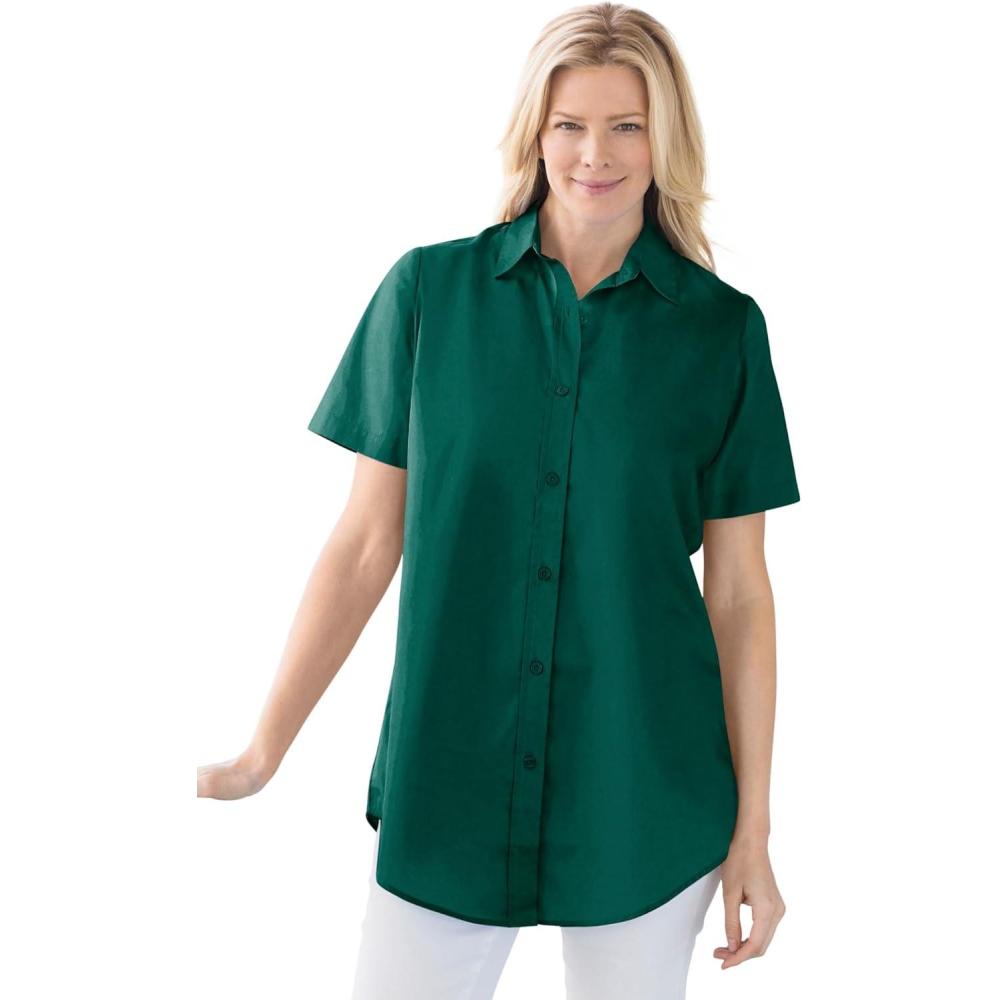 image:imageWoman Within Plus Size Perfect Short Sleeve ButtonDown Shirt Oversized Tunic BlouseEmerald Green