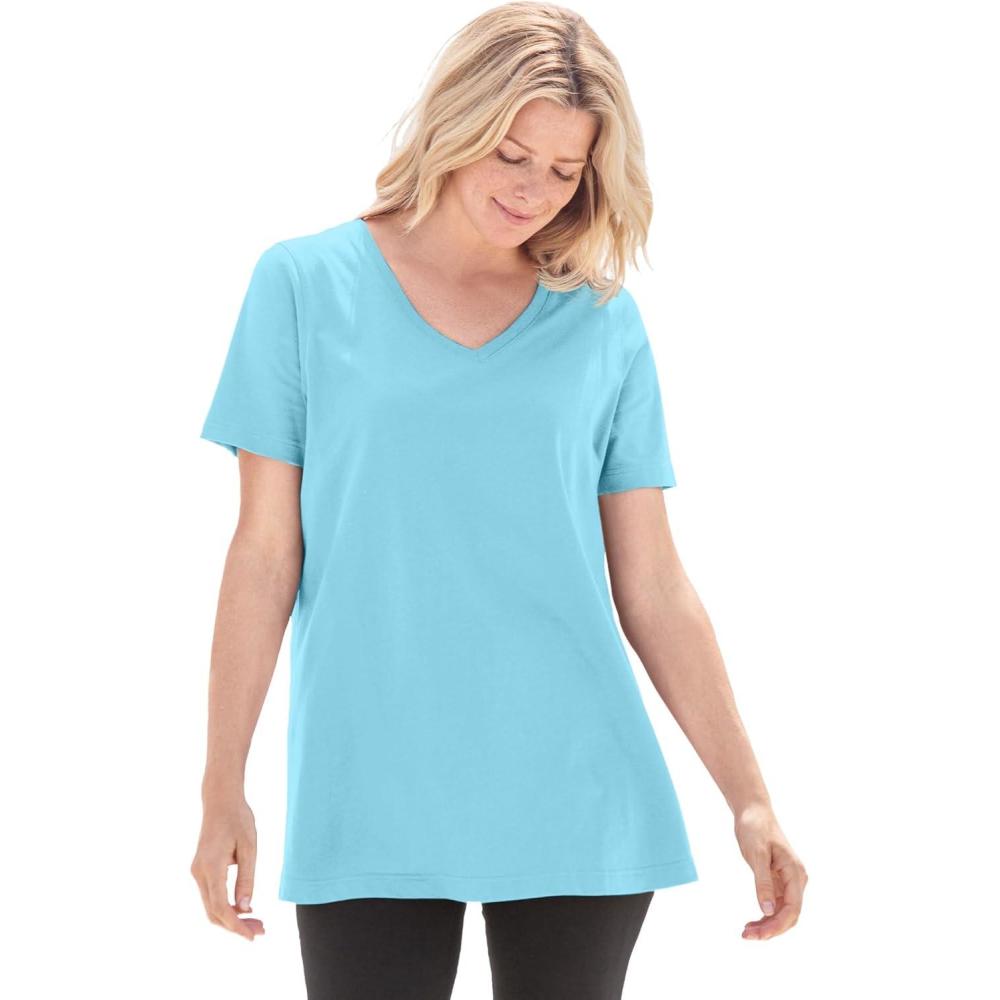 image:imageWoman Within Plus Size Perfect ShortSleeve VNeck Tee Petite AvailableSeamist Blue