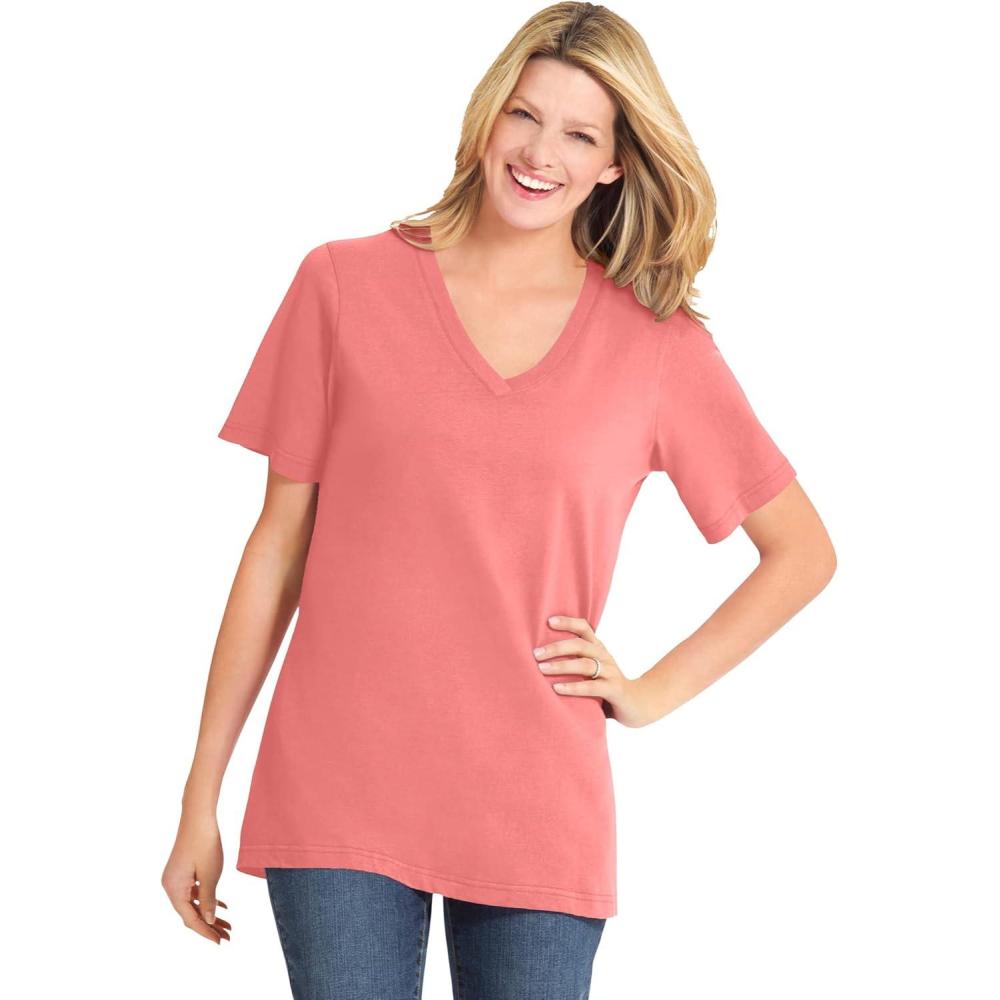 image:imageWoman Within Plus Size Perfect ShortSleeve VNeck Tee Petite AvailableSweet Coral