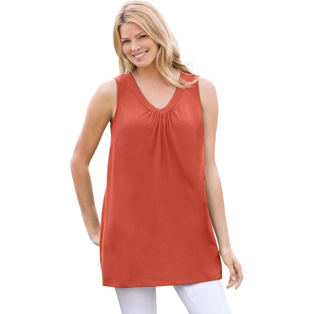 image:imageWoman Within Plus Size Perfect Sleeveless Shirred VNeck TunicBurnt Red