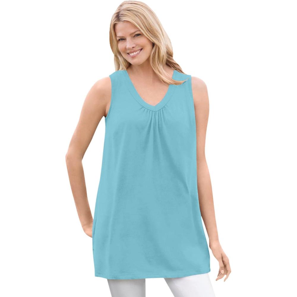 image:imageWoman Within Plus Size Perfect Sleeveless Shirred VNeck TunicSeamist Blue