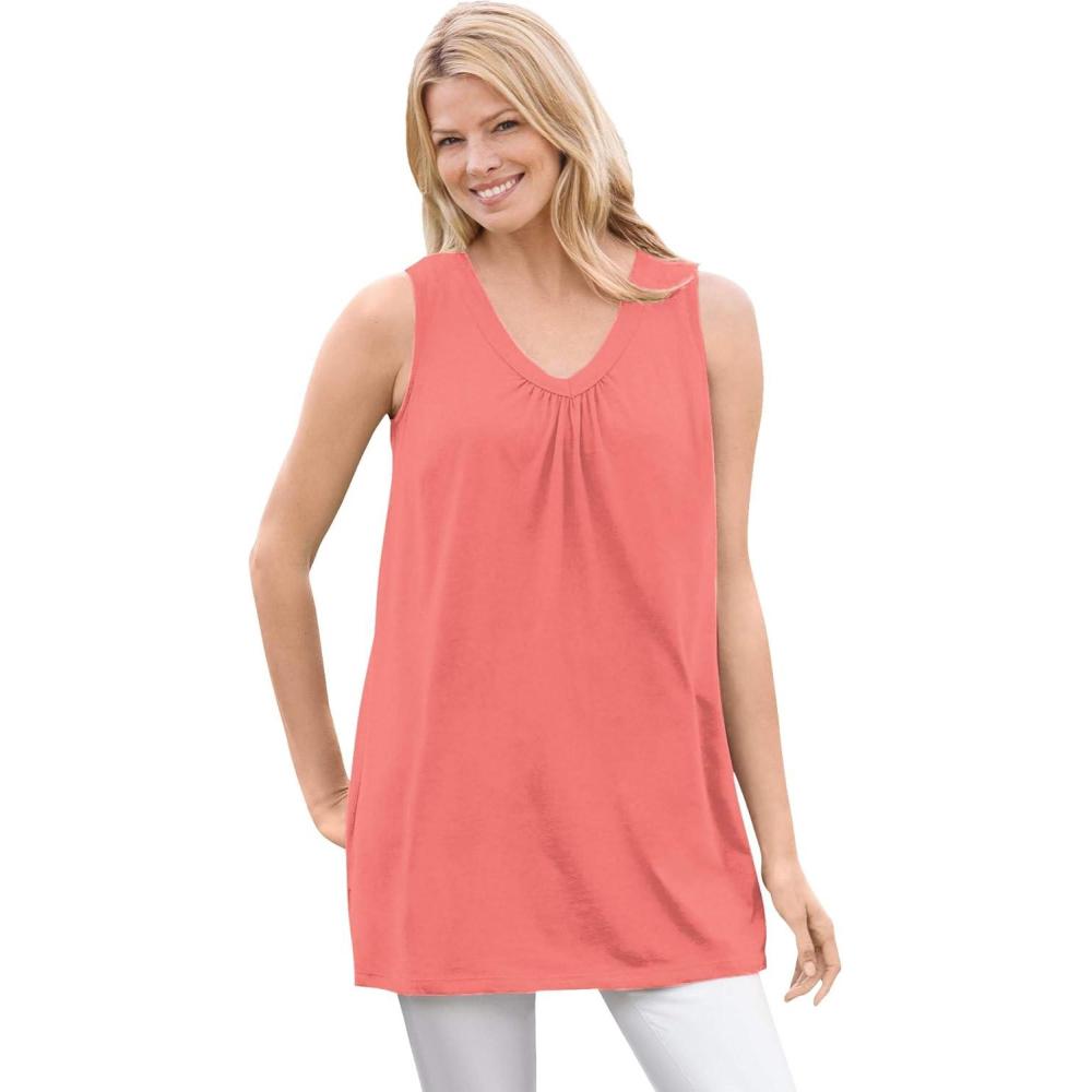 image:imageWoman Within Plus Size Perfect Sleeveless Shirred VNeck TunicSweet Coral