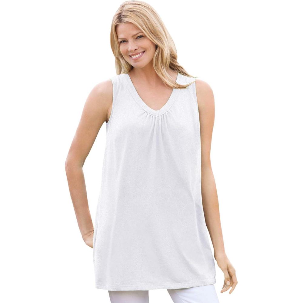 image:imageWoman Within Plus Size Perfect Sleeveless Shirred VNeck TunicWhite