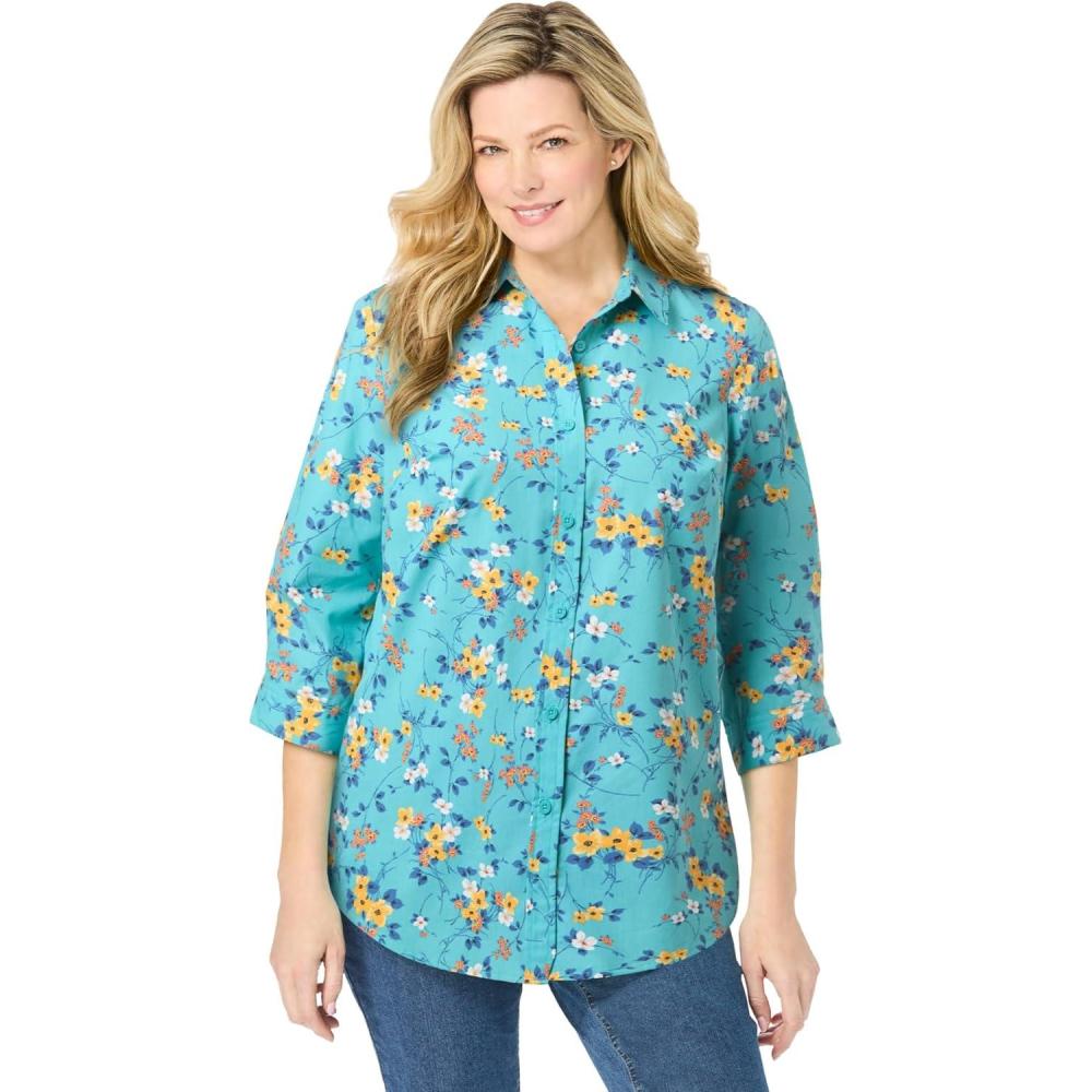 image:imageWoman Within Plus Size Perfect Three Quarter Sleeve ShirtAquamarine Pretty Bloom