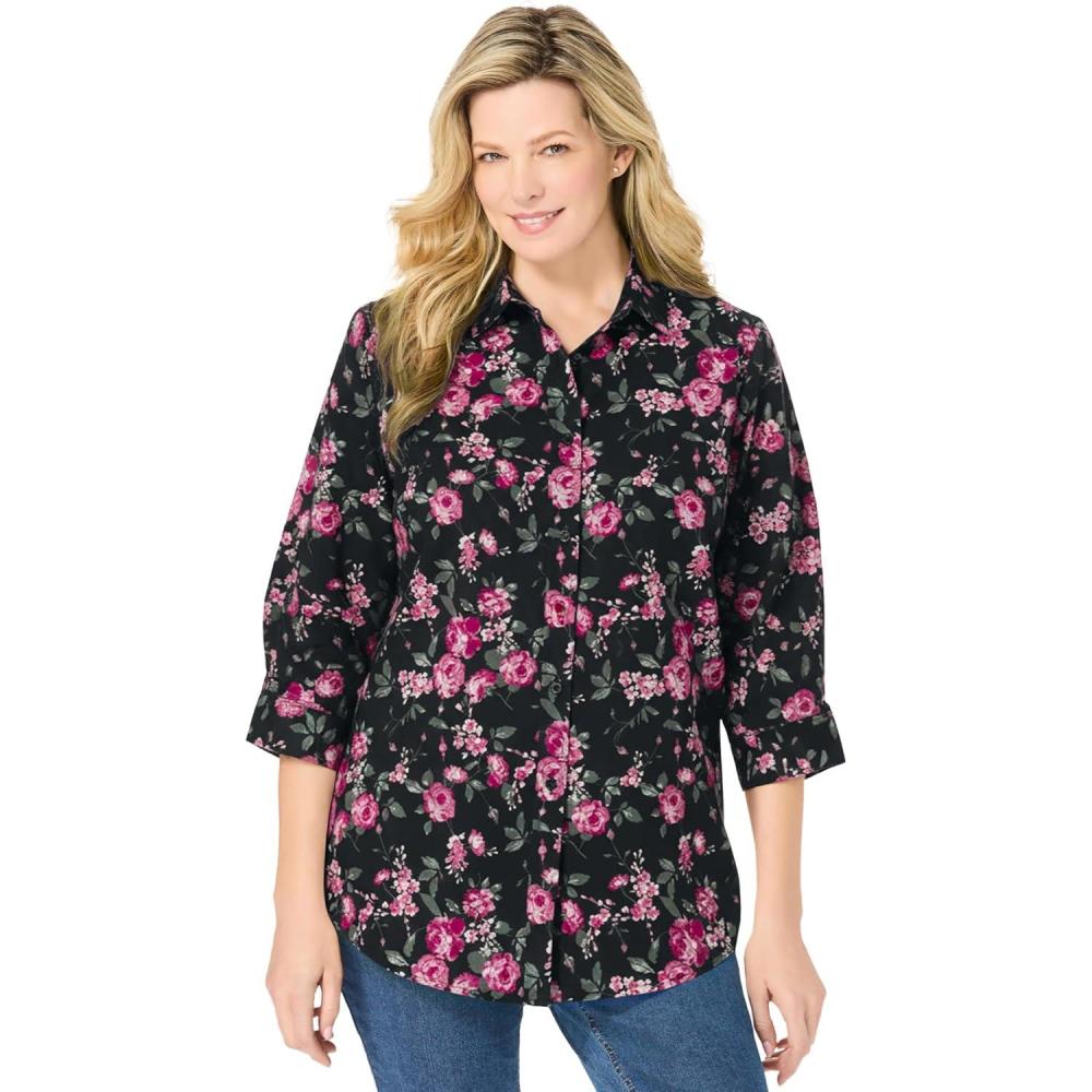 image:imageWoman Within Plus Size Perfect Three Quarter Sleeve ShirtBlack Floral