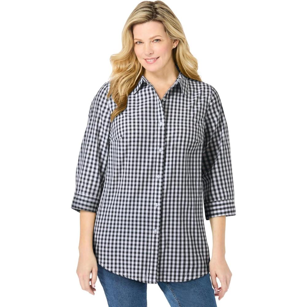 image:imageWoman Within Plus Size Perfect Three Quarter Sleeve ShirtBlack Gingham