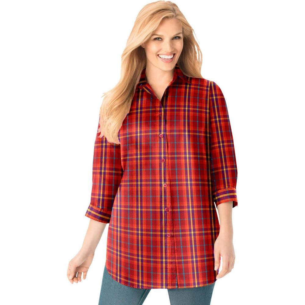 image:imageWoman Within Plus Size Perfect Three Quarter Sleeve ShirtClassic Red Multi Plaid