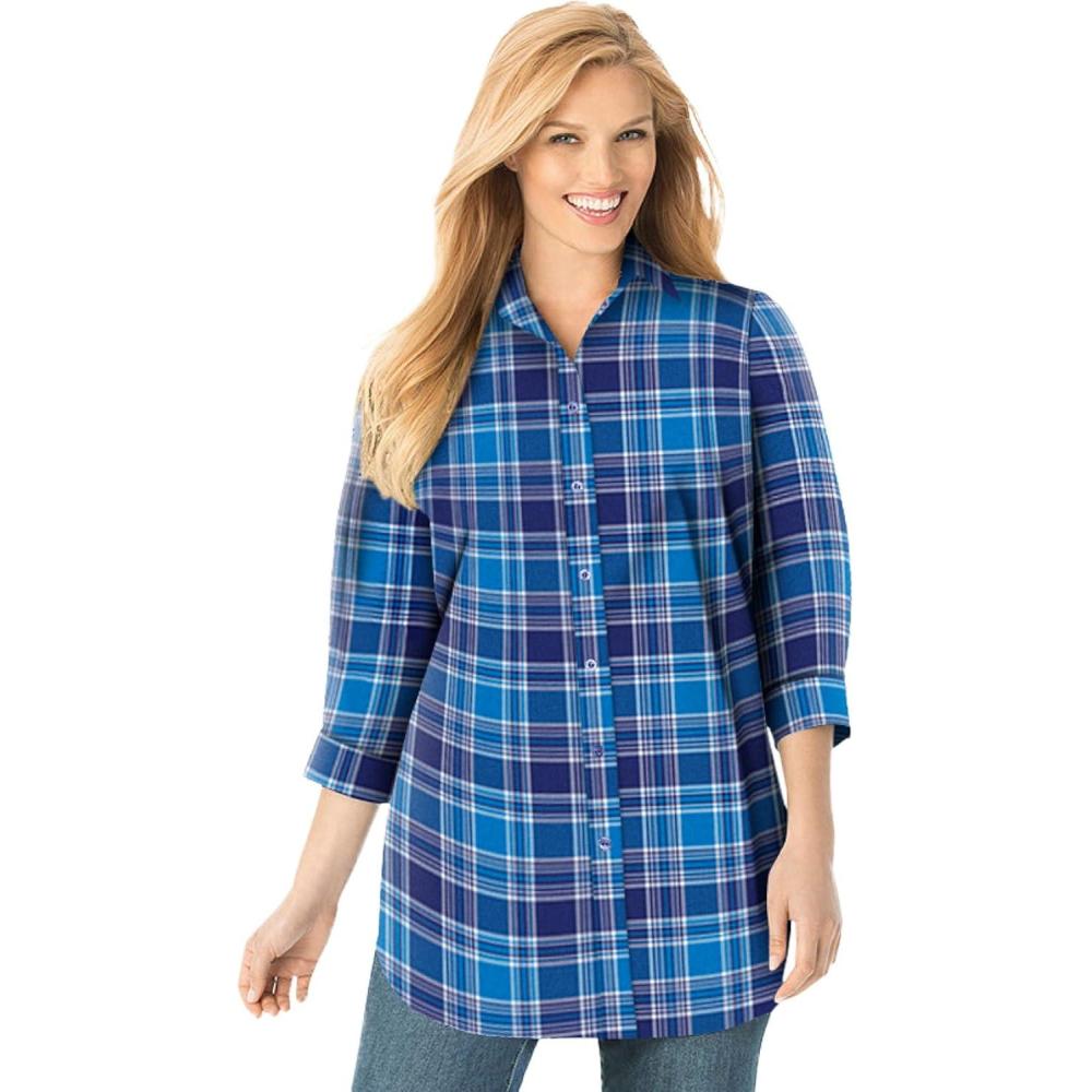 image:imageWoman Within Plus Size Perfect Three Quarter Sleeve ShirtEvening Blue Pretty Plaid