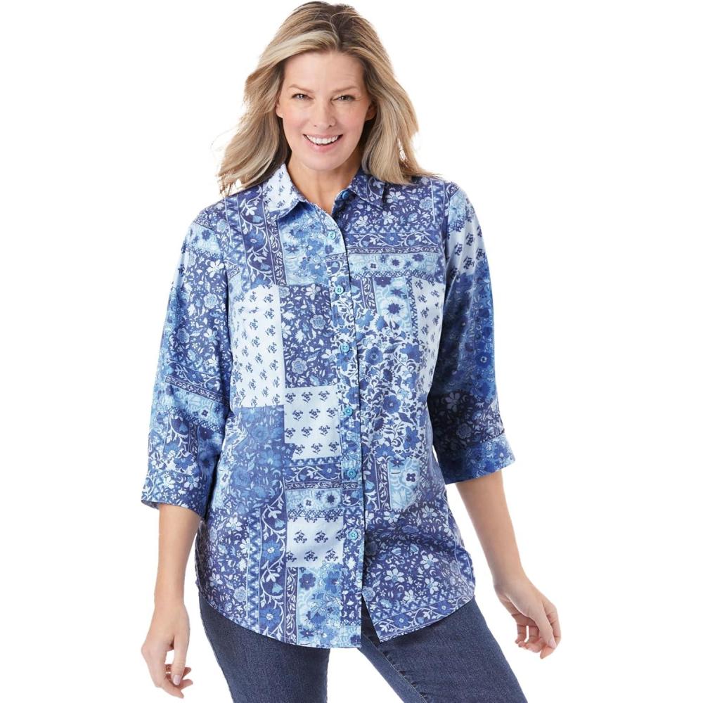 image:imageWoman Within Plus Size Perfect Three Quarter Sleeve ShirtFrench Blue Patched Paisley