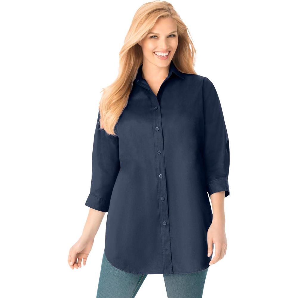image:imageWoman Within Plus Size Perfect Three Quarter Sleeve ShirtNavy