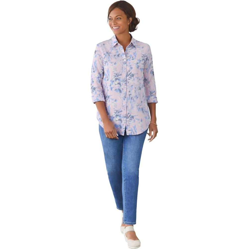 image:imageWoman Within Plus Size Perfect Three Quarter Sleeve ShirtPink Stamp Botanical