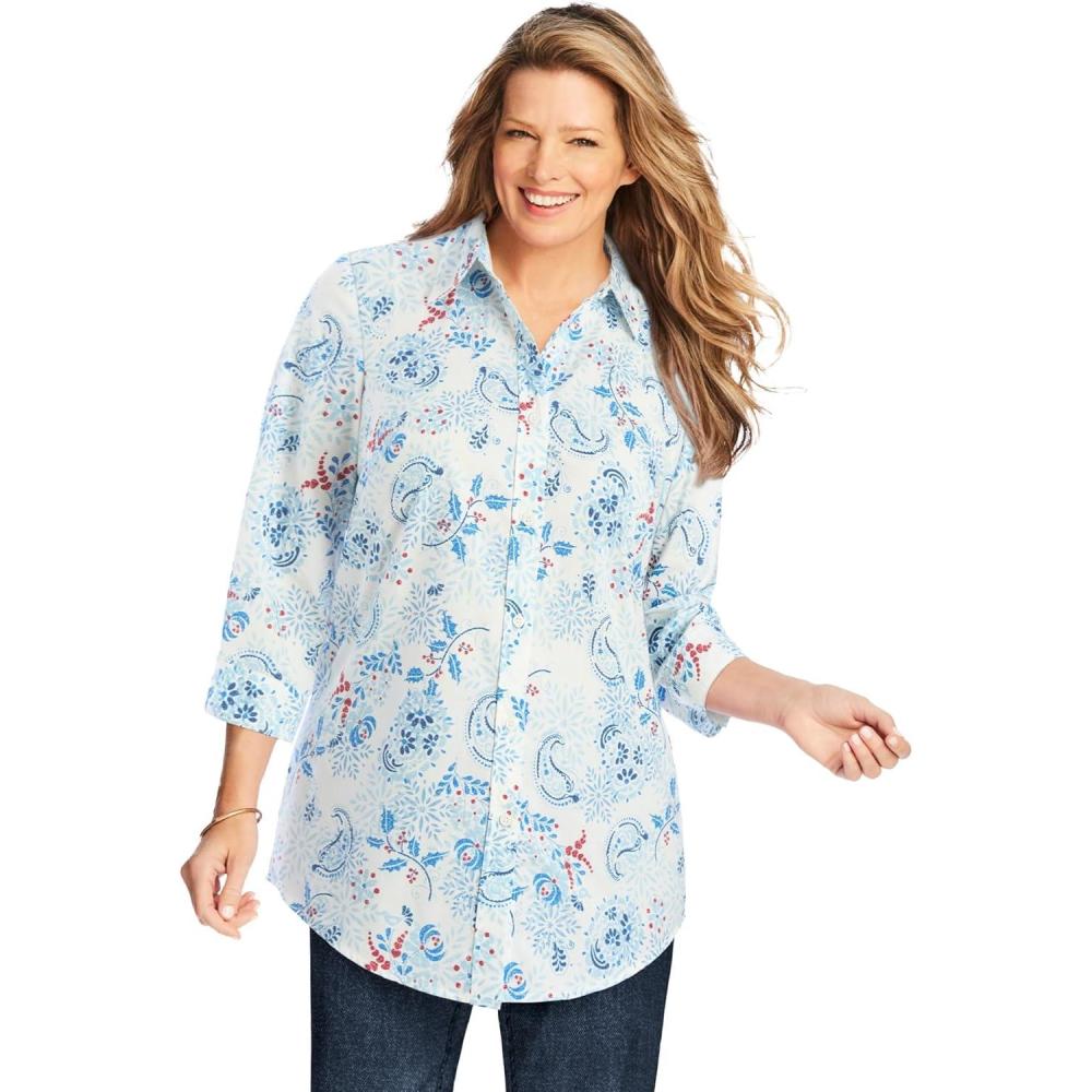 image:imageWoman Within Plus Size Perfect Three Quarter Sleeve ShirtWhite Winter Batik