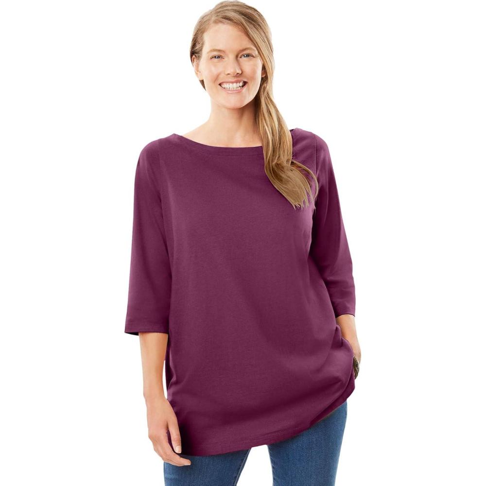 image:imageWoman Within Plus Size Perfect ThreeQuarter Sleeve Boatneck TeeDeep Claret