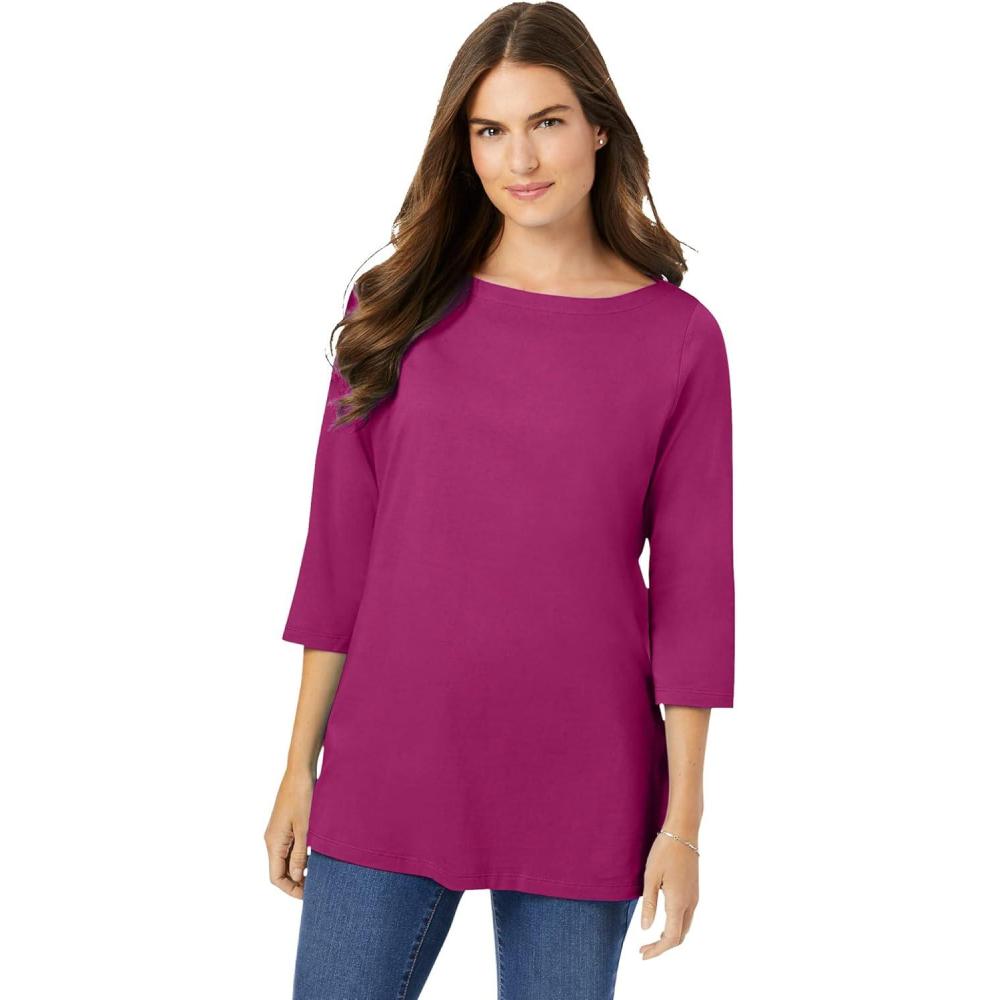 image:imageWoman Within Plus Size Perfect ThreeQuarter Sleeve Boatneck TeeRaspberry