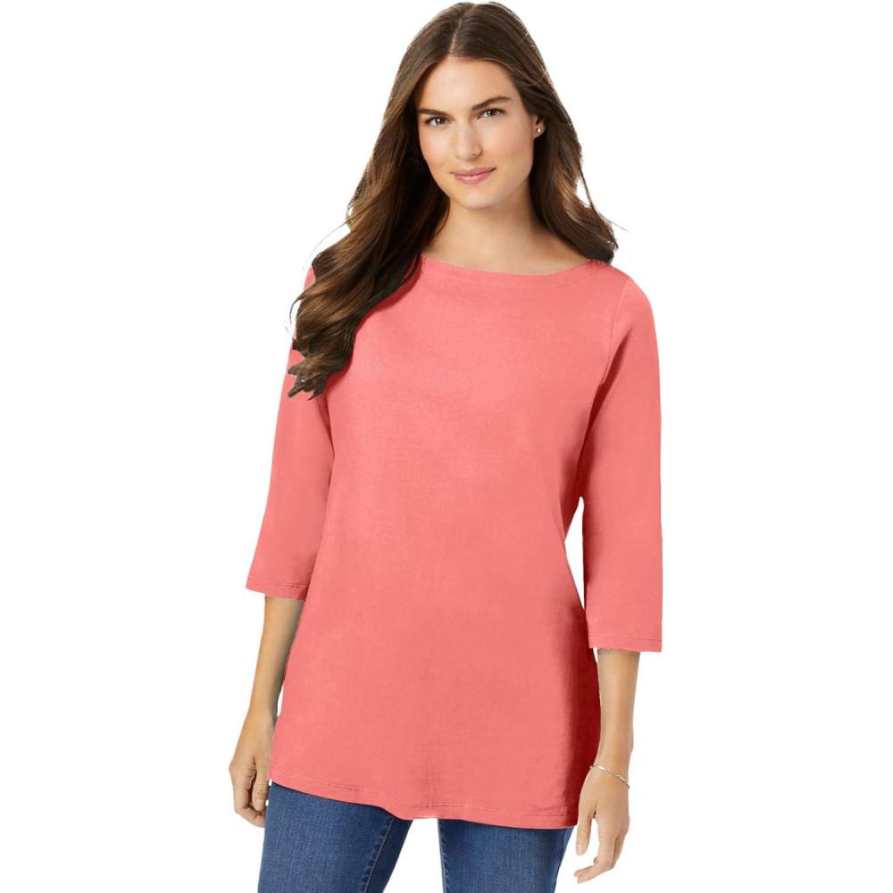 image:imageWoman Within Plus Size Perfect ThreeQuarter Sleeve Boatneck TeeSweet Coral