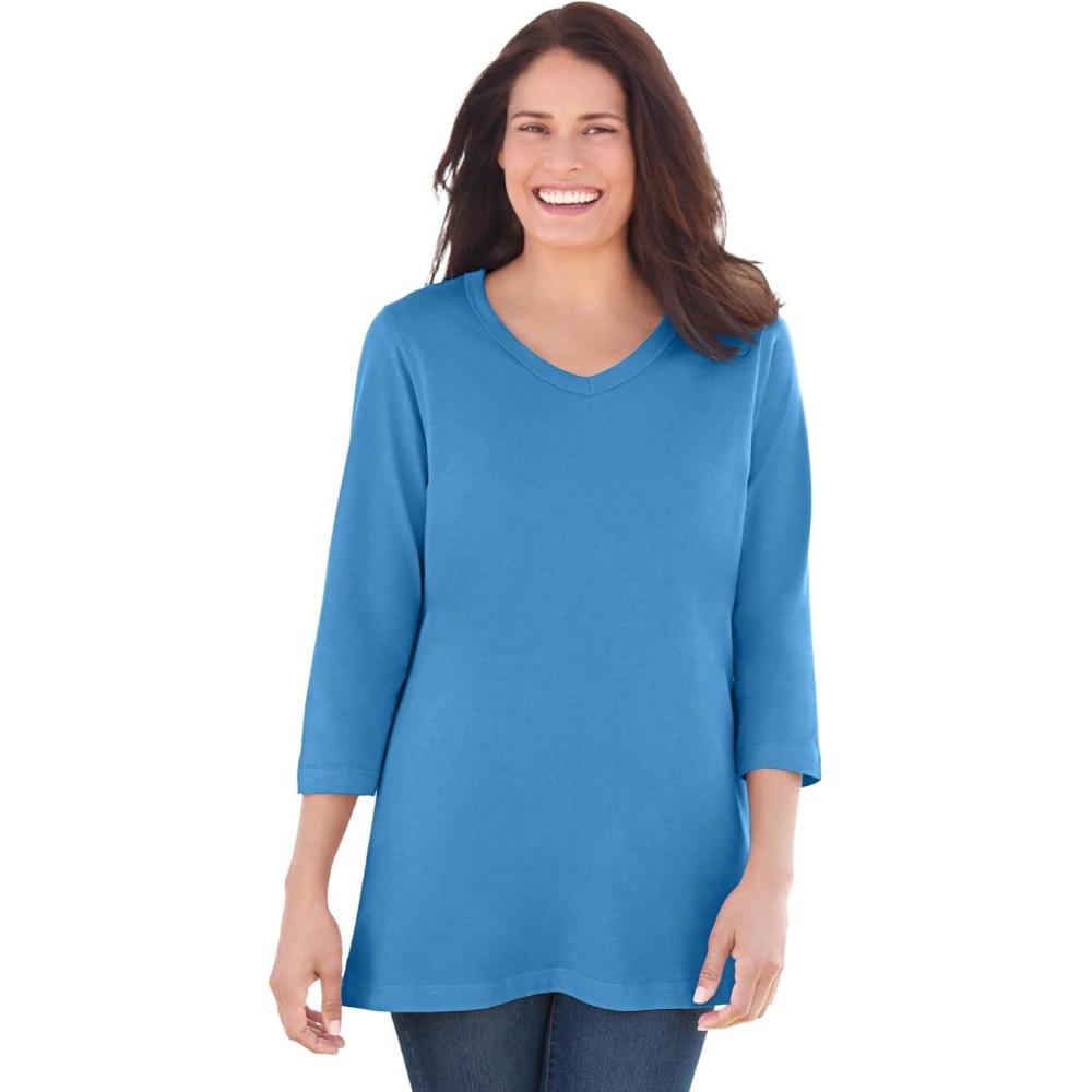 image:imageWoman Within Plus Size Perfect ThreeQuarter Sleeve VNeck Tee Petite AvailableAzure Blue