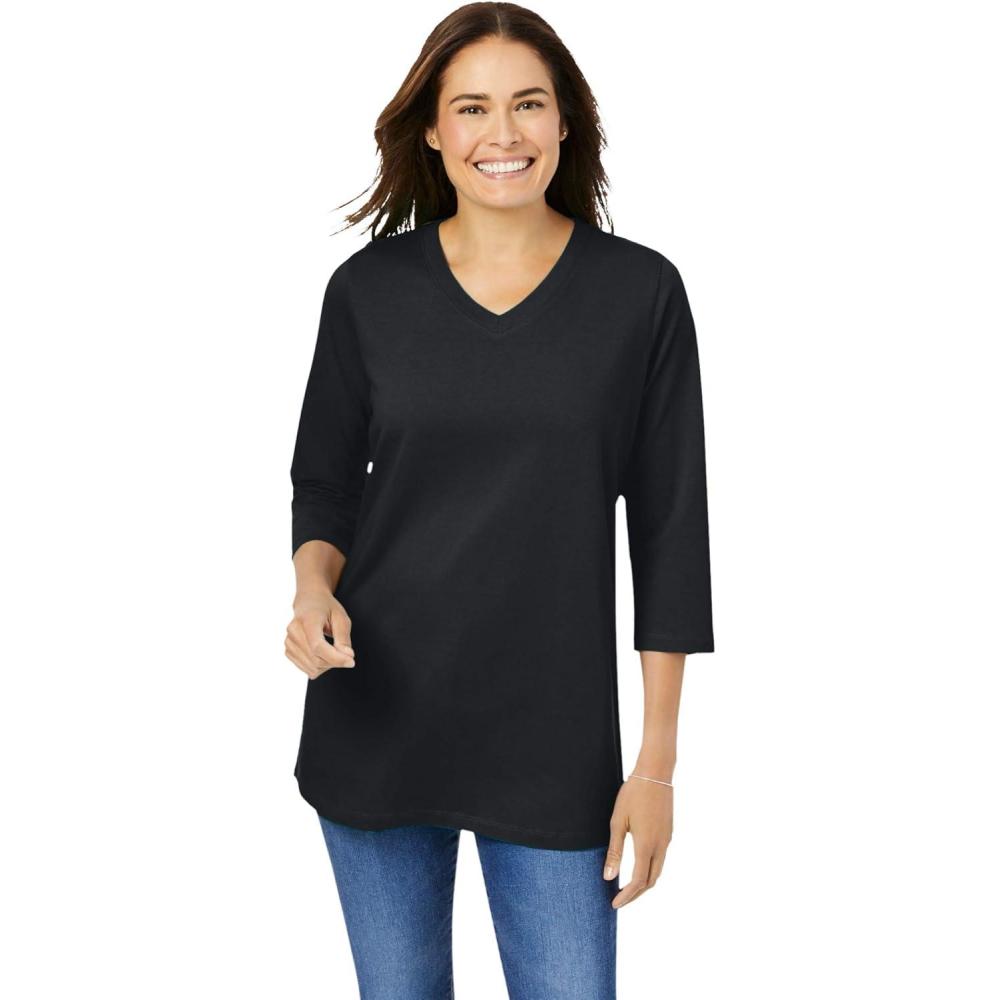 image:imageWoman Within Plus Size Perfect ThreeQuarter Sleeve VNeck Tee Petite AvailableBlack