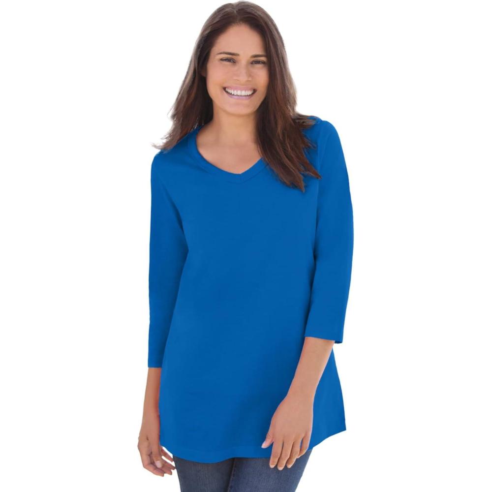 image:imageWoman Within Plus Size Perfect ThreeQuarter Sleeve VNeck Tee Petite AvailableBright Cobalt
