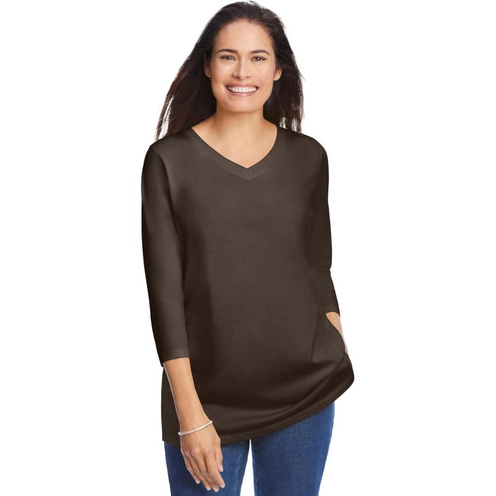 image:imageWoman Within Plus Size Perfect ThreeQuarter Sleeve VNeck Tee Petite AvailableChocolate