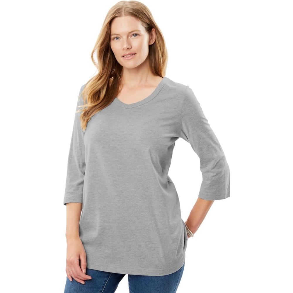 image:imageWoman Within Plus Size Perfect ThreeQuarter Sleeve VNeck Tee Petite AvailableHeather Grey