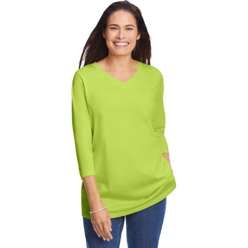 image:imageWoman Within Plus Size Perfect ThreeQuarter Sleeve VNeck Tee Petite AvailableLime