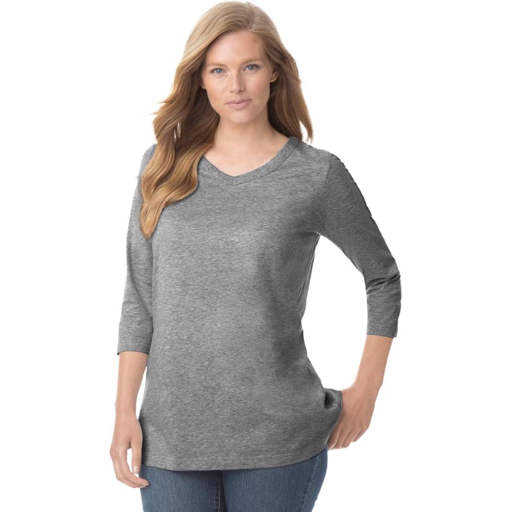 image:imageWoman Within Plus Size Perfect ThreeQuarter Sleeve VNeck Tee Petite AvailableMedium Heather Grey