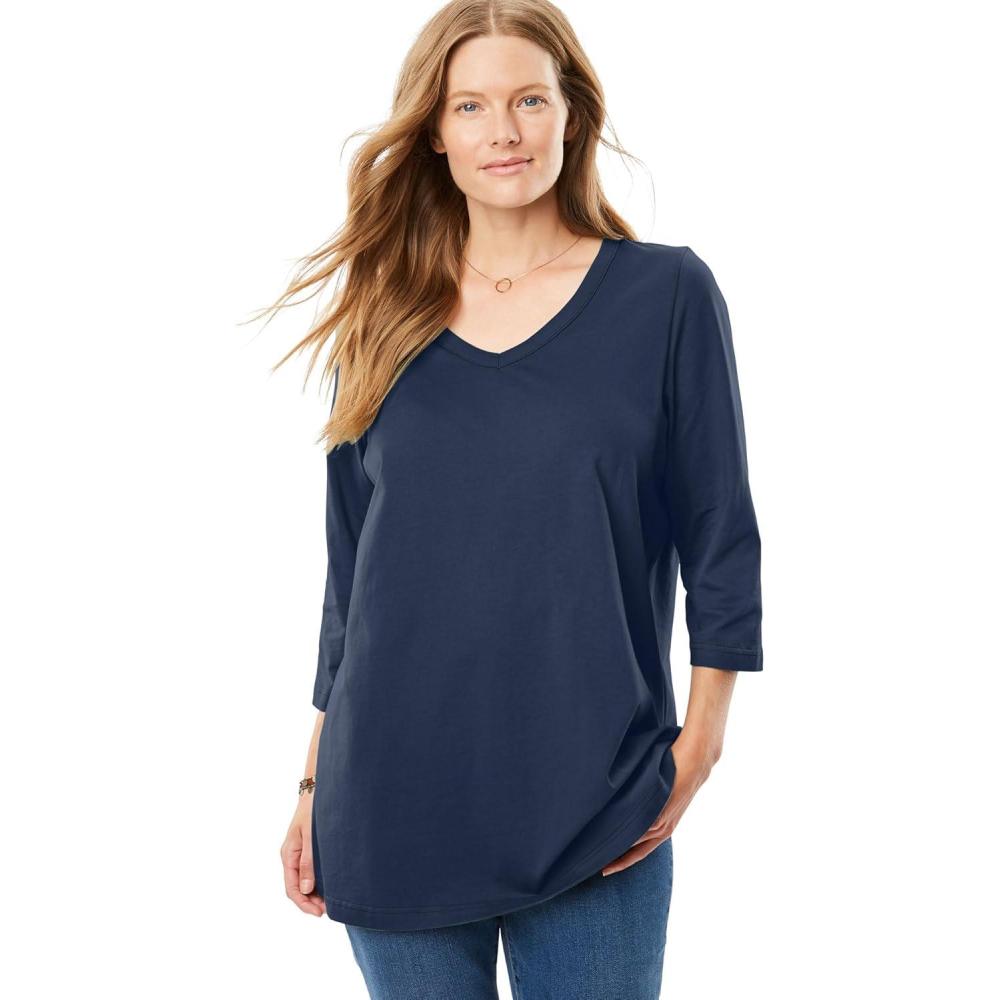 image:imageWoman Within Plus Size Perfect ThreeQuarter Sleeve VNeck Tee Petite AvailableNavy