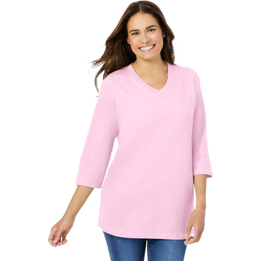 image:imageWoman Within Plus Size Perfect ThreeQuarter Sleeve VNeck Tee Petite AvailablePink