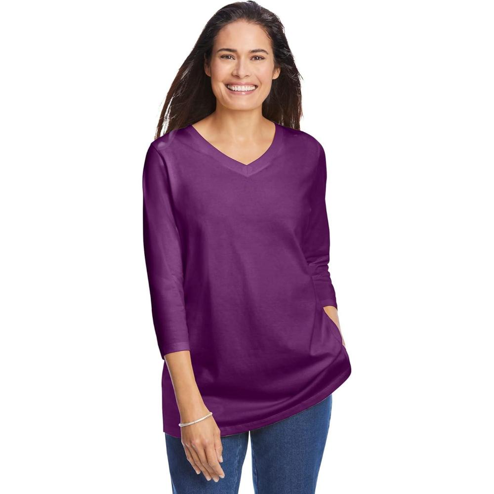 image:imageWoman Within Plus Size Perfect ThreeQuarter Sleeve VNeck Tee Petite AvailablePlum Purple