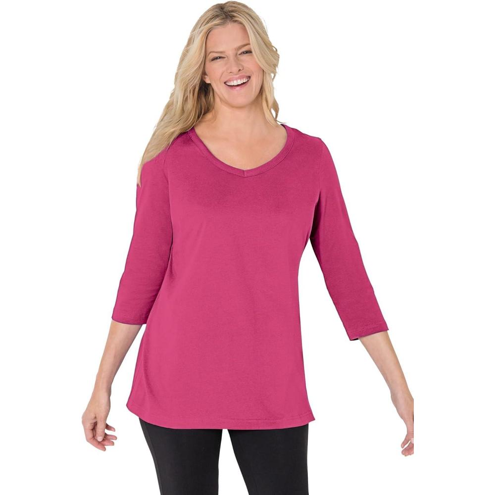 image:imageWoman Within Plus Size Perfect ThreeQuarter Sleeve VNeck Tee Petite AvailableRaspberry
