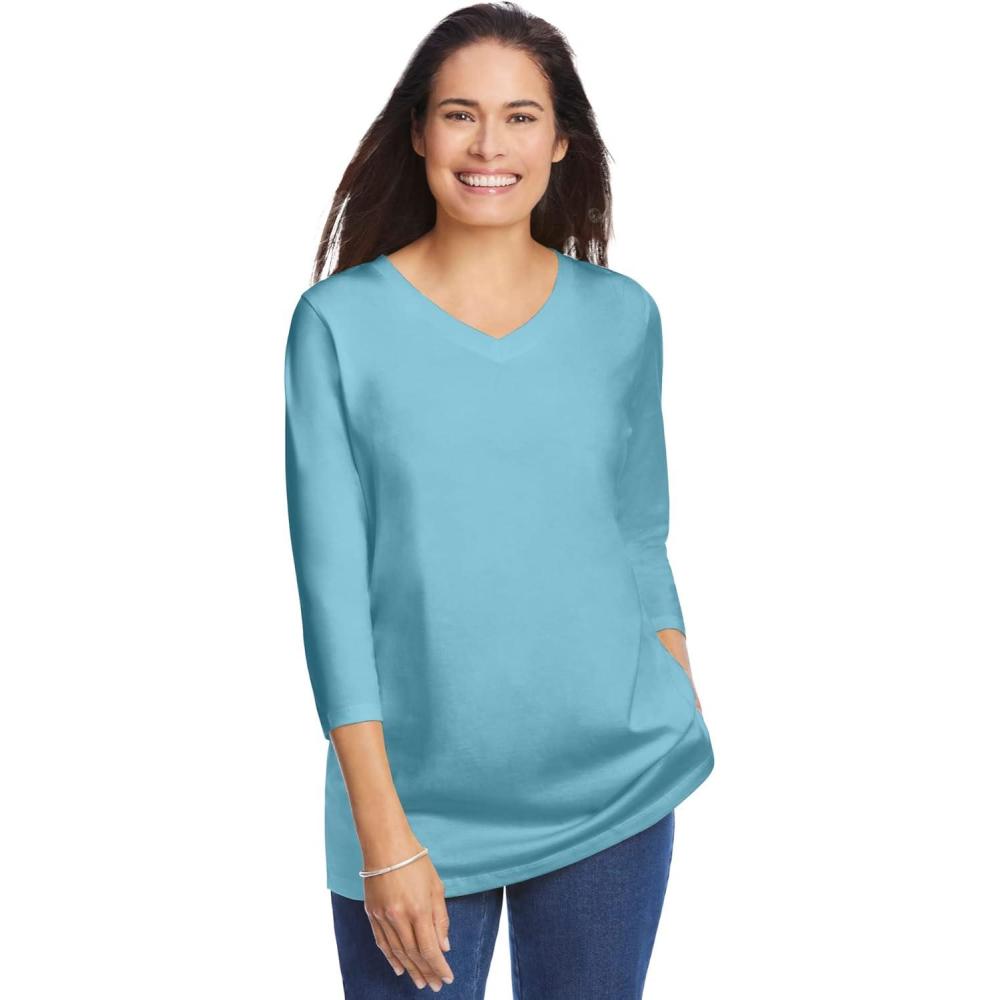 image:imageWoman Within Plus Size Perfect ThreeQuarter Sleeve VNeck Tee Petite AvailableSeamist Blue