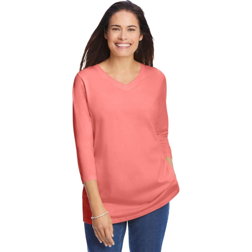 image:imageWoman Within Plus Size Perfect ThreeQuarter Sleeve VNeck Tee Petite AvailableSweet Coral