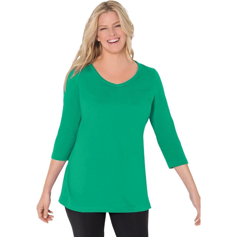image:imageWoman Within Plus Size Perfect ThreeQuarter Sleeve VNeck Tee Petite AvailableTropical Emerald