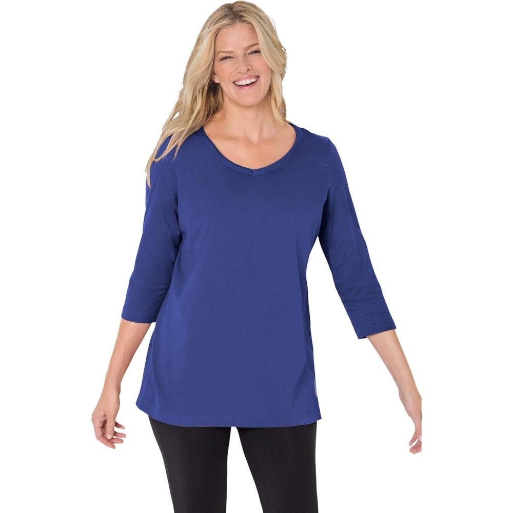image:imageWoman Within Plus Size Perfect ThreeQuarter Sleeve VNeck Tee Petite AvailableUltra Blue