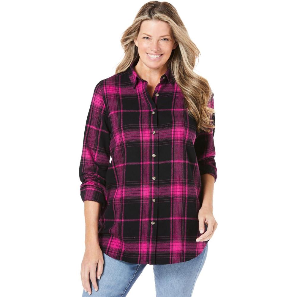 image:imageWoman Within Plus Size Petite Classic Flannel ShirtPink Black Plaid