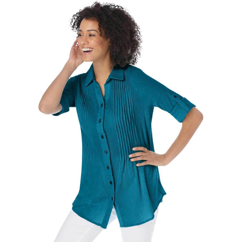 image:imageWoman Within Plus Size Pintucked Button Down Gauze ShirtDeep Teal
