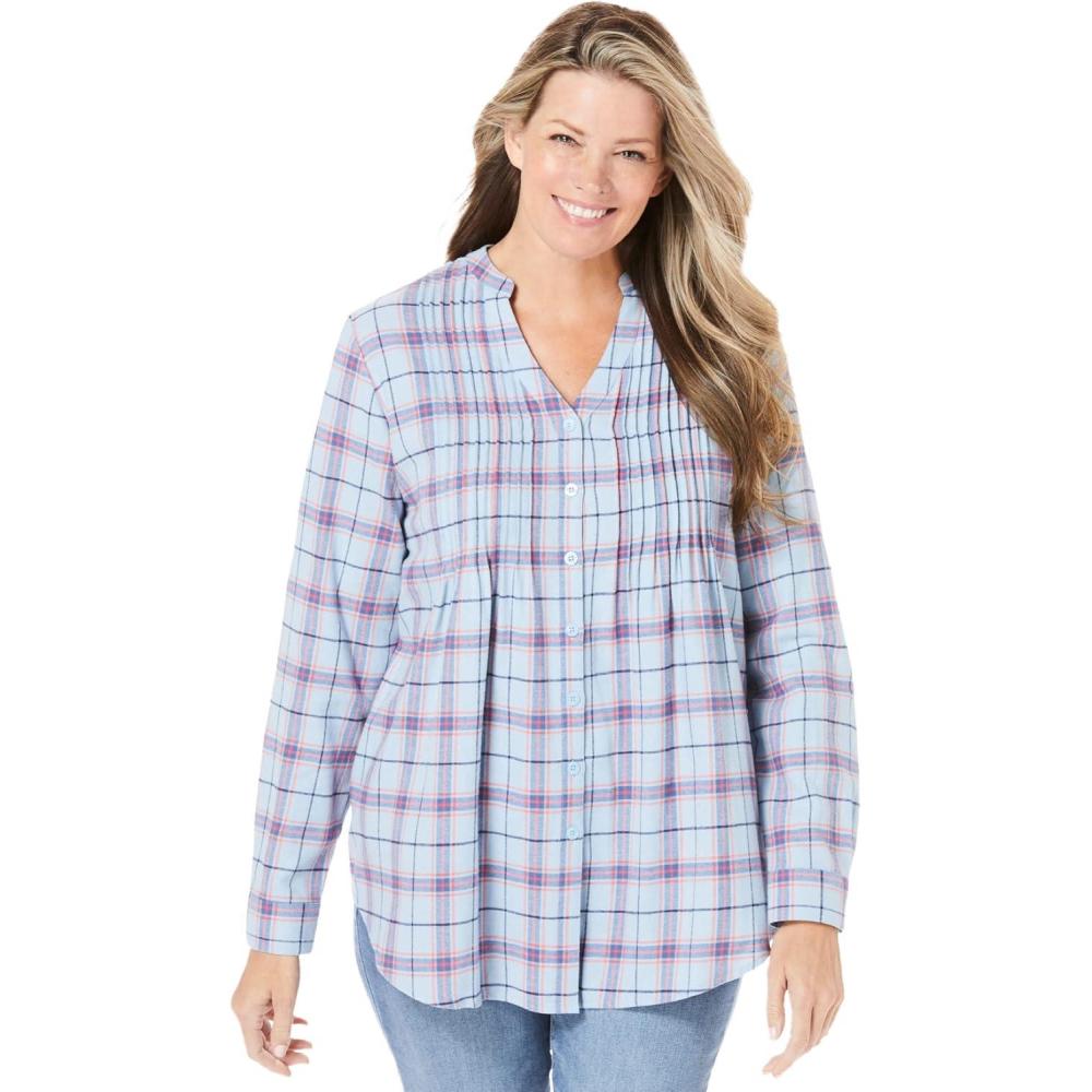 image:imageWoman Within Plus Size Pintucked Flannel ShirtSky Blue Plaid