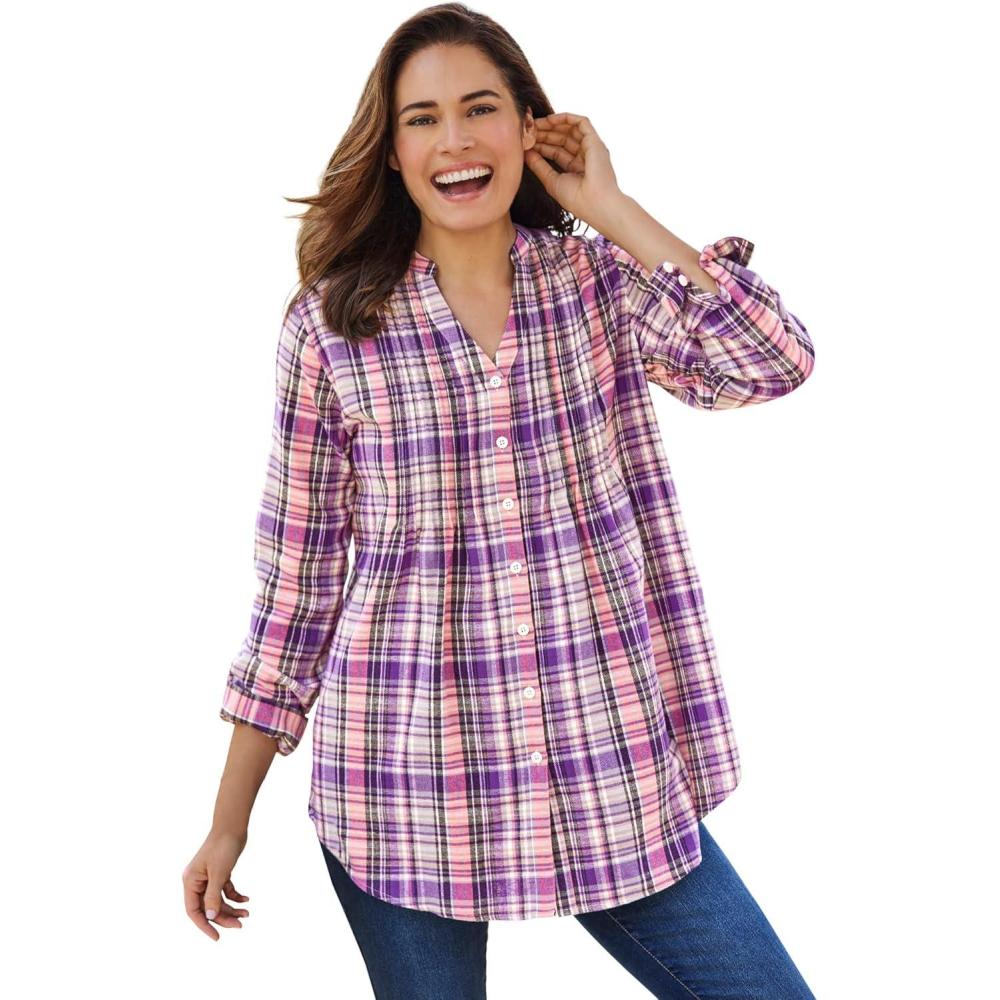 image:imageWoman Within Plus Size Pintucked Flannel ShirtSweet Plum Plaid