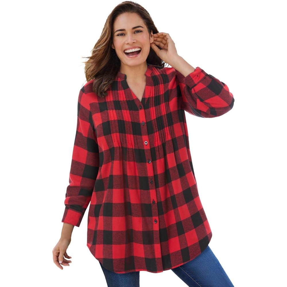 image:imageWoman Within Plus Size Pintucked Flannel ShirtVivid Red Buffalo Plaid