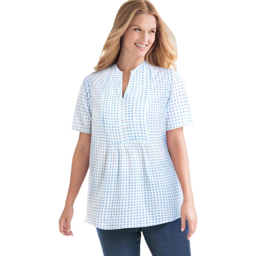 image:imageWoman Within Plus Size Pintucked HalfButton TunicFrench Blue Gingham