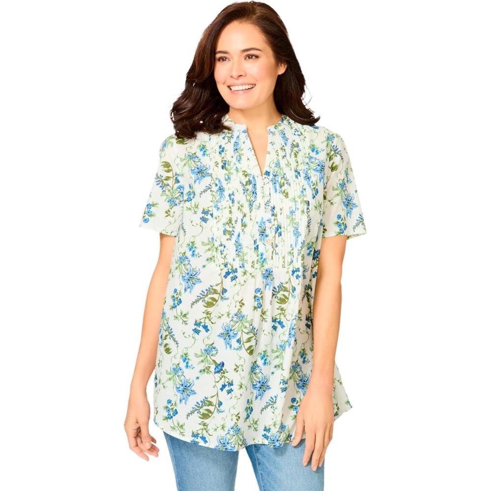 image:imageWoman Within Plus Size Pintucked HalfButton TunicFrench Blue Meadow Floral