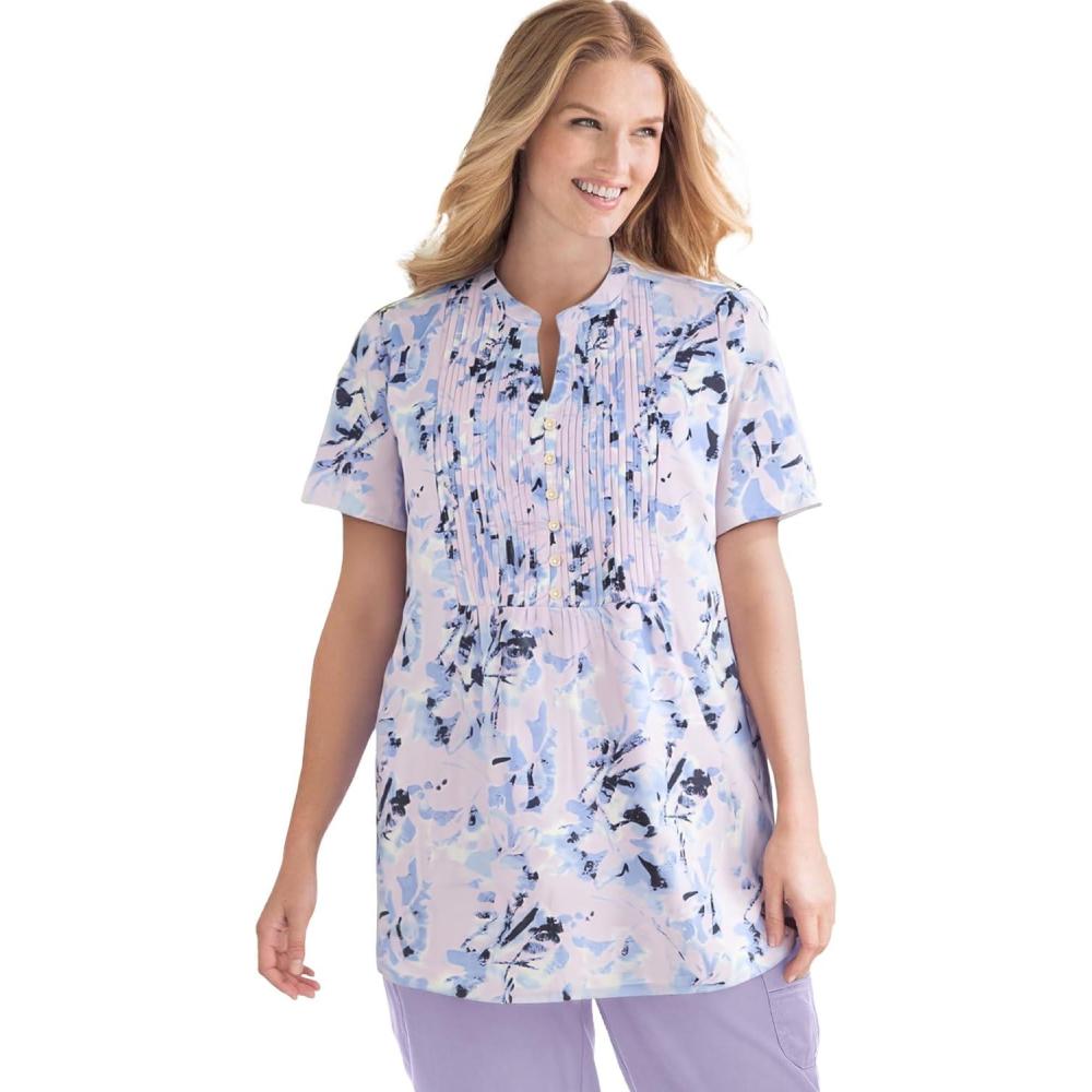 image:imageWoman Within Plus Size Pintucked HalfButton TunicLilac Stamp Botanical