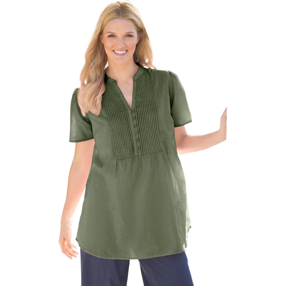 image:imageWoman Within Plus Size Pintucked HalfButton TunicOlive Green