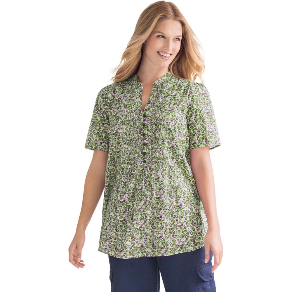 image:imageWoman Within Plus Size Pintucked HalfButton TunicOlive Green Blooming Ditsy