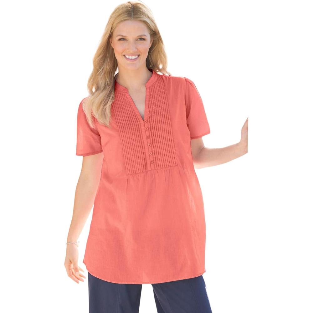 image:imageWoman Within Plus Size Pintucked HalfButton TunicSweet Coral