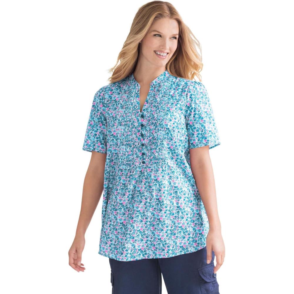 image:imageWoman Within Plus Size Pintucked HalfButton TunicWaterfall Blooming Ditsy