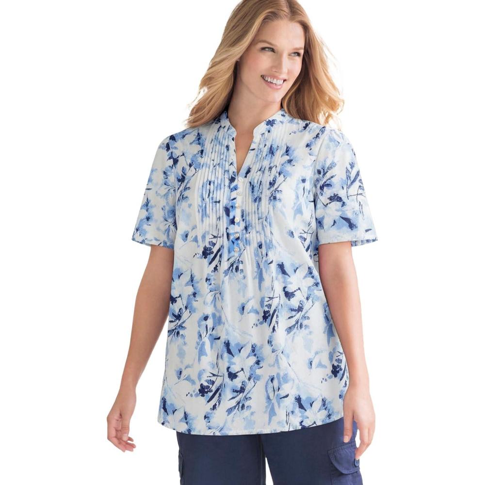 image:imageWoman Within Plus Size Pintucked HalfButton TunicWhite Stamp Botanical